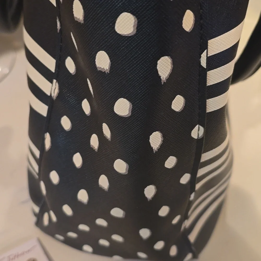 Betsey Johnson Black and White Striped Tote with Polka Dots & Rose Gold Earrings